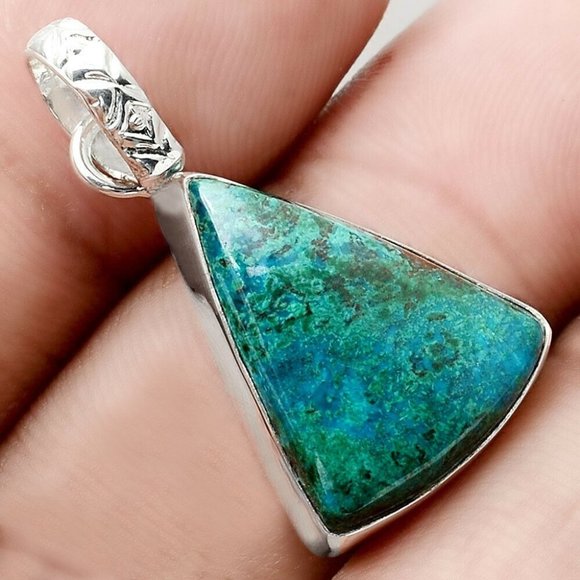 New -  Azurite in Chrysocolla 925 Sterling Silver Pendant - Includes a Chain - Picture 1 of 1